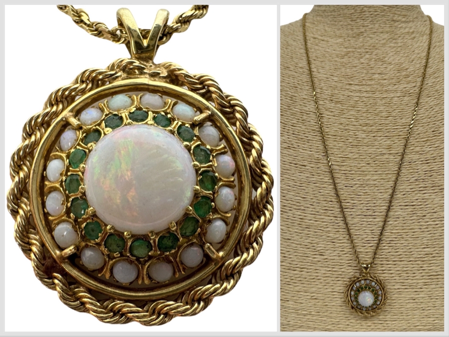 14K Gold Opal & Emerald Pendant With 14K Gold 24' Chain Necklace 16.8g Retails $2,700