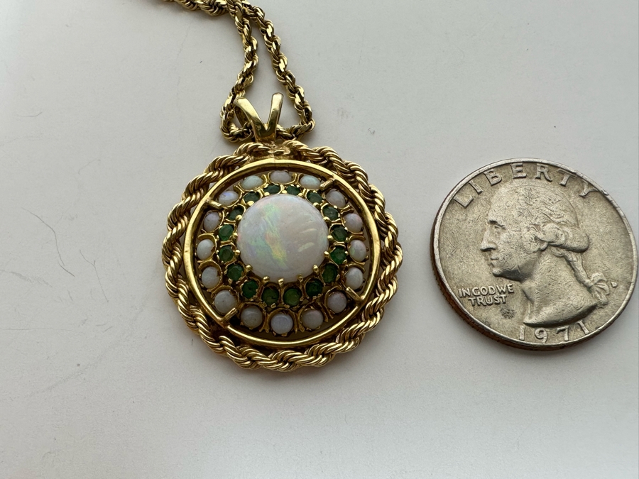 14K Gold Opal & Emerald Pendant With 14K Gold 24' Chain Necklace 16.8g Retails $2,700 [Photo 21]