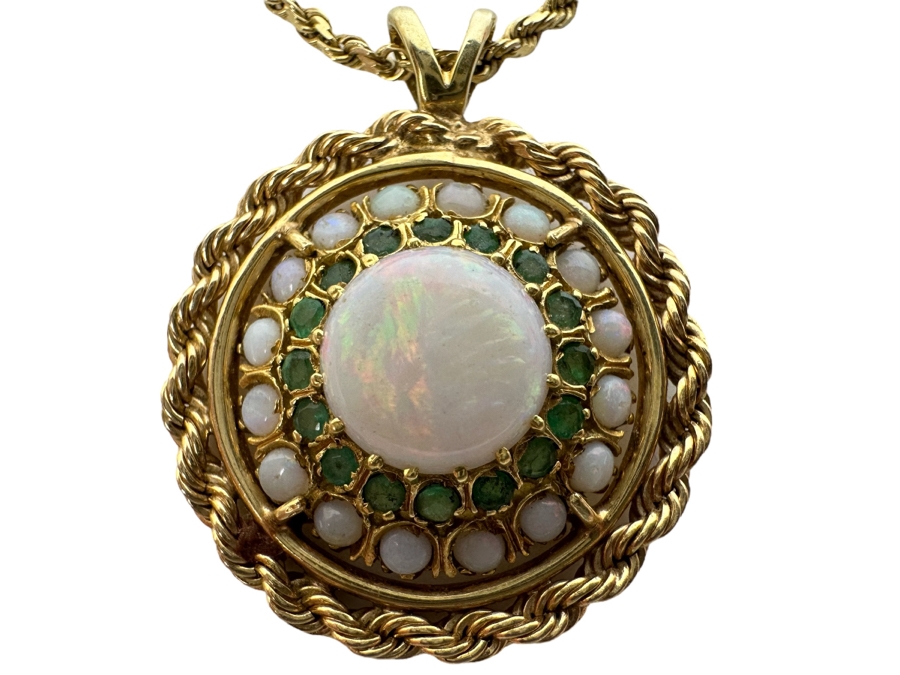 14K Gold Opal & Emerald Pendant With 14K Gold 24' Chain Necklace 16.8g Retails $2,700 [Photo 2]