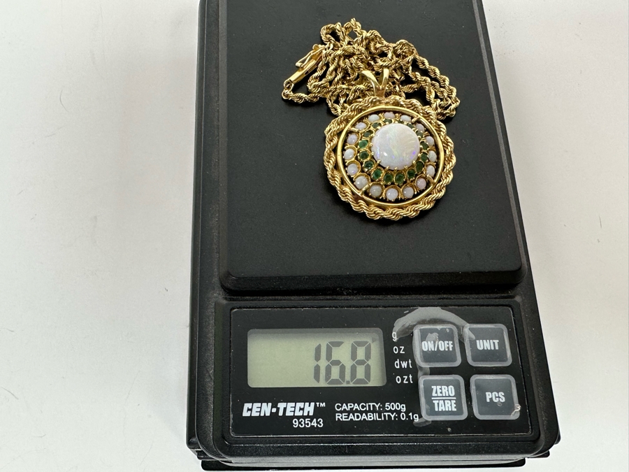14K Gold Opal & Emerald Pendant With 14K Gold 24' Chain Necklace 16.8g Retails $2,700 [Photo 23]