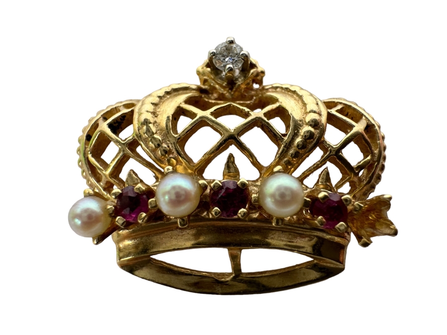 14K Gold Pearl, Ruby & Diamond Crown Pendant 4.3g .05CTTW Diamonds (Missing A Pearl) Retails $720 [Photo 2]