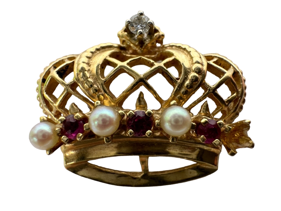14K Gold Pearl, Ruby & Diamond Crown Pendant 4.3g .05CTTW Diamonds (Missing A Pearl) Retails $720