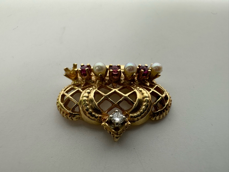14K Gold Pearl, Ruby & Diamond Crown Pendant 4.3g .05CTTW Diamonds (Missing A Pearl) Retails $720 [Photo 8]