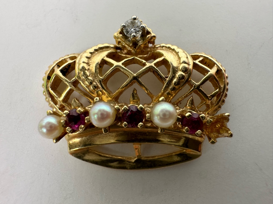 14K Gold Pearl, Ruby & Diamond Crown Pendant 4.3g .05CTTW Diamonds (Missing A Pearl) Retails $720 [Photo 3]