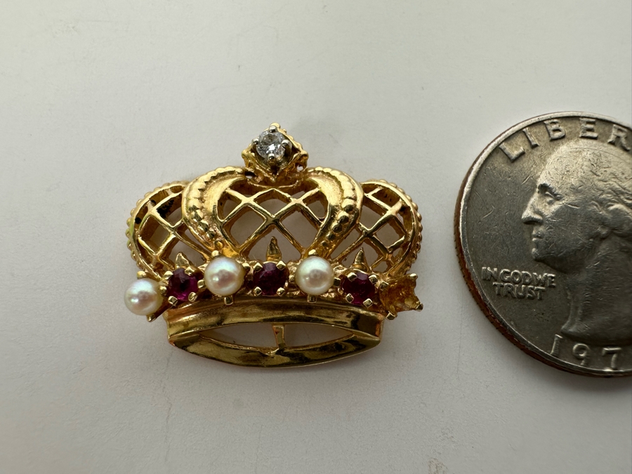 14K Gold Pearl, Ruby & Diamond Crown Pendant 4.3g .05CTTW Diamonds (Missing A Pearl) Retails $720 [Photo 10]