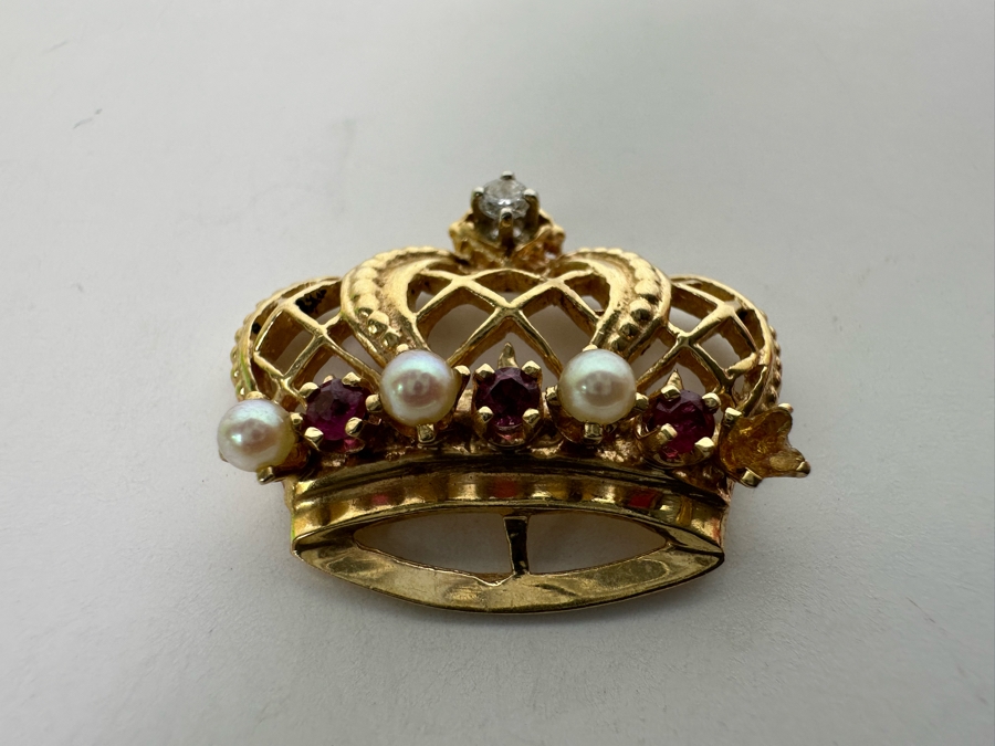 14K Gold Pearl, Ruby & Diamond Crown Pendant 4.3g .05CTTW Diamonds (Missing A Pearl) Retails $720 [Photo 7]