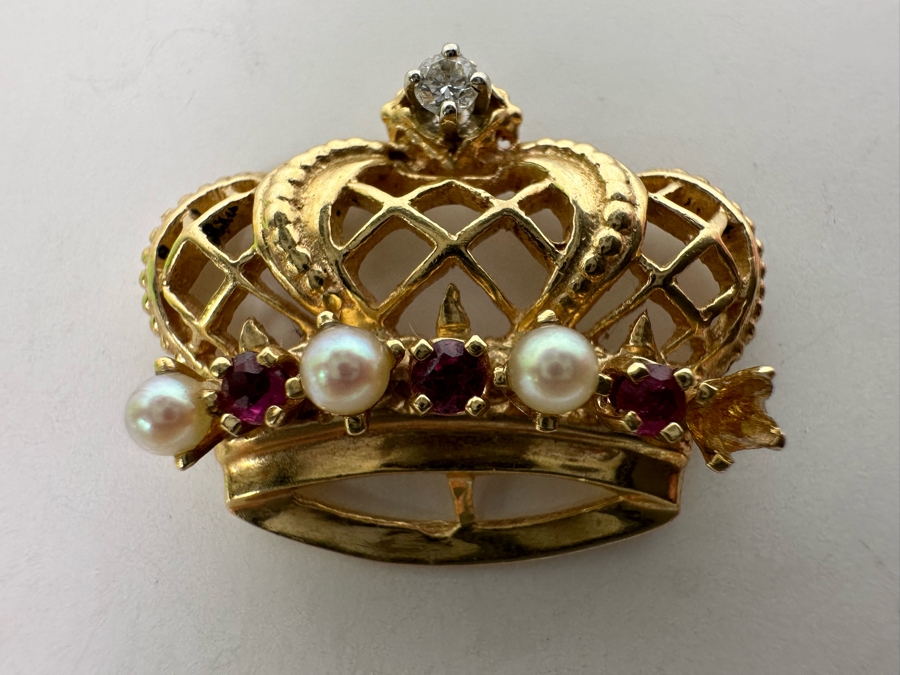 14K Gold Pearl, Ruby & Diamond Crown Pendant 4.3g .05CTTW Diamonds (Missing A Pearl) Retails $720 [Photo 6]