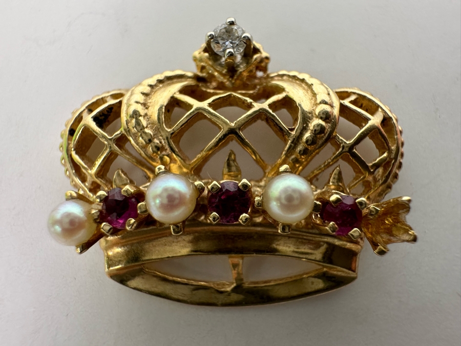 14K Gold Pearl, Ruby & Diamond Crown Pendant 4.3g .05CTTW Diamonds (Missing A Pearl) Retails $720 [Photo 5]