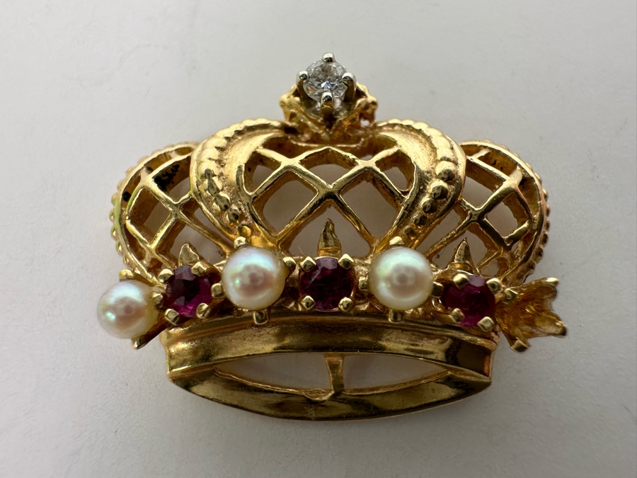 14K Gold Pearl, Ruby & Diamond Crown Pendant 4.3g .05CTTW Diamonds (Missing A Pearl) Retails $720 [Photo 4]