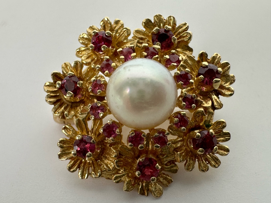 14K Gold Cultured Pearl & Ruby Brooch Pin 6.5g Retails $975 [Photo 6]