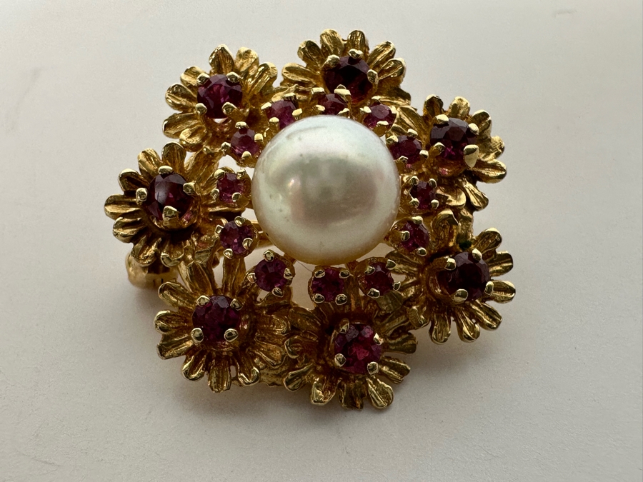 14K Gold Cultured Pearl & Ruby Brooch Pin 6.5g Retails $975 [Photo 2]