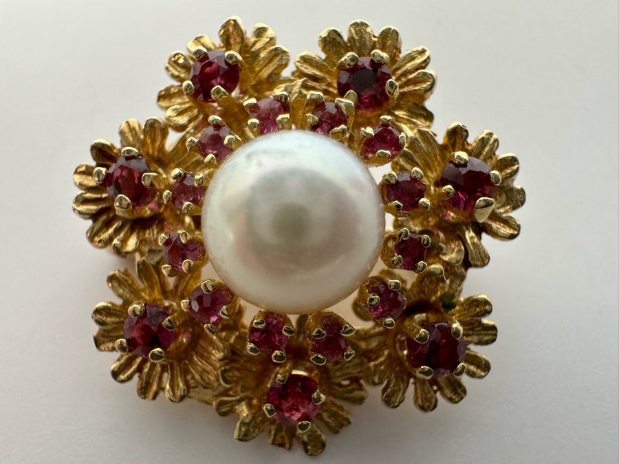 14K Gold Cultured Pearl & Ruby Brooch Pin 6.5g Retails $975 [Photo 16]