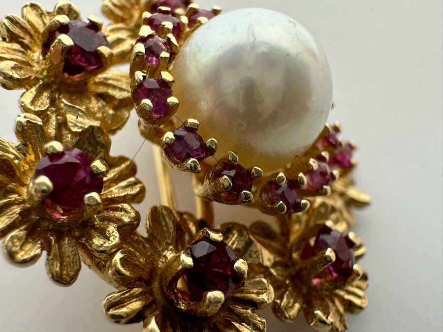 14K Gold Cultured Pearl & Ruby Brooch Pin 6.5g Retails $975 [Photo 11]