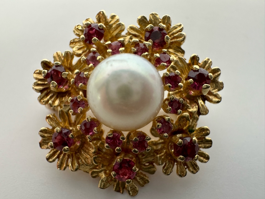14K Gold Cultured Pearl & Ruby Brooch Pin 6.5g Retails $975 [Photo 15]