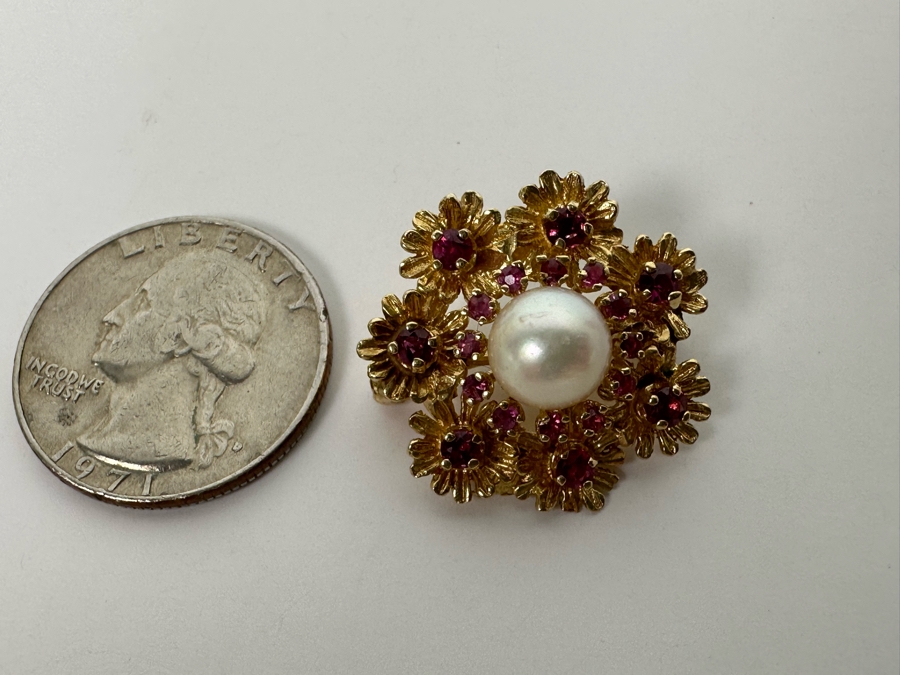 14K Gold Cultured Pearl & Ruby Brooch Pin 6.5g Retails $975 [Photo 13]
