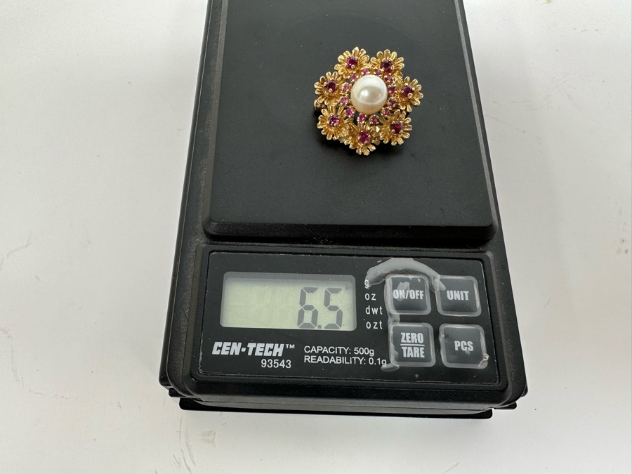 14K Gold Cultured Pearl & Ruby Brooch Pin 6.5g Retails $975 [Photo 19]