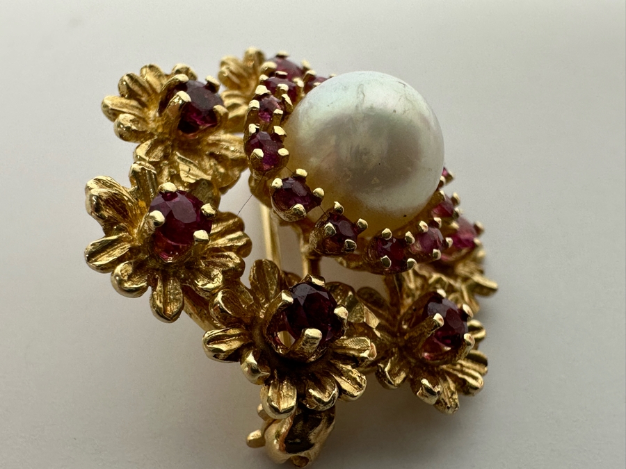 14K Gold Cultured Pearl & Ruby Brooch Pin 6.5g Retails $975 [Photo 10]