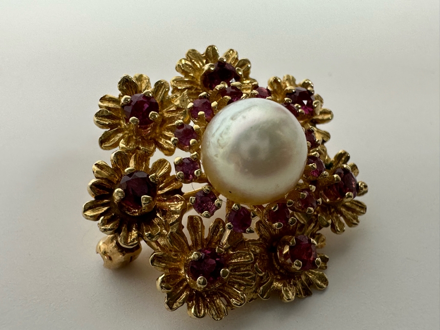 14K Gold Cultured Pearl & Ruby Brooch Pin 6.5g Retails $975 [Photo 8]
