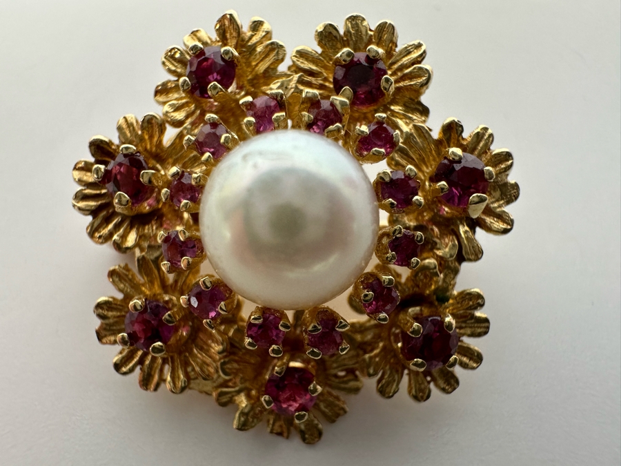 14K Gold Cultured Pearl & Ruby Brooch Pin 6.5g Retails $975 [Photo 17]