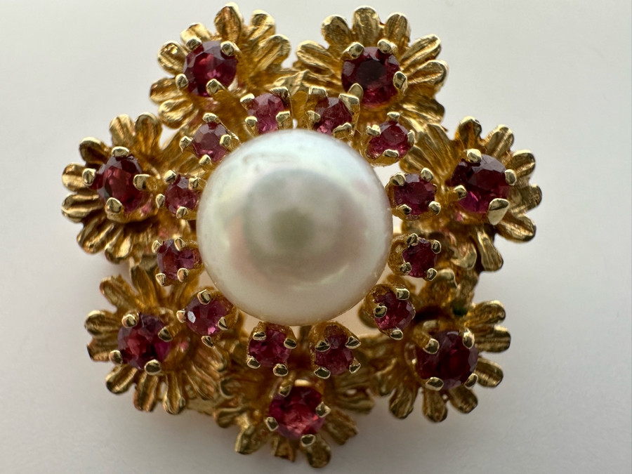 14K Gold Cultured Pearl & Ruby Brooch Pin 6.5g Retails $975 [Photo 18]