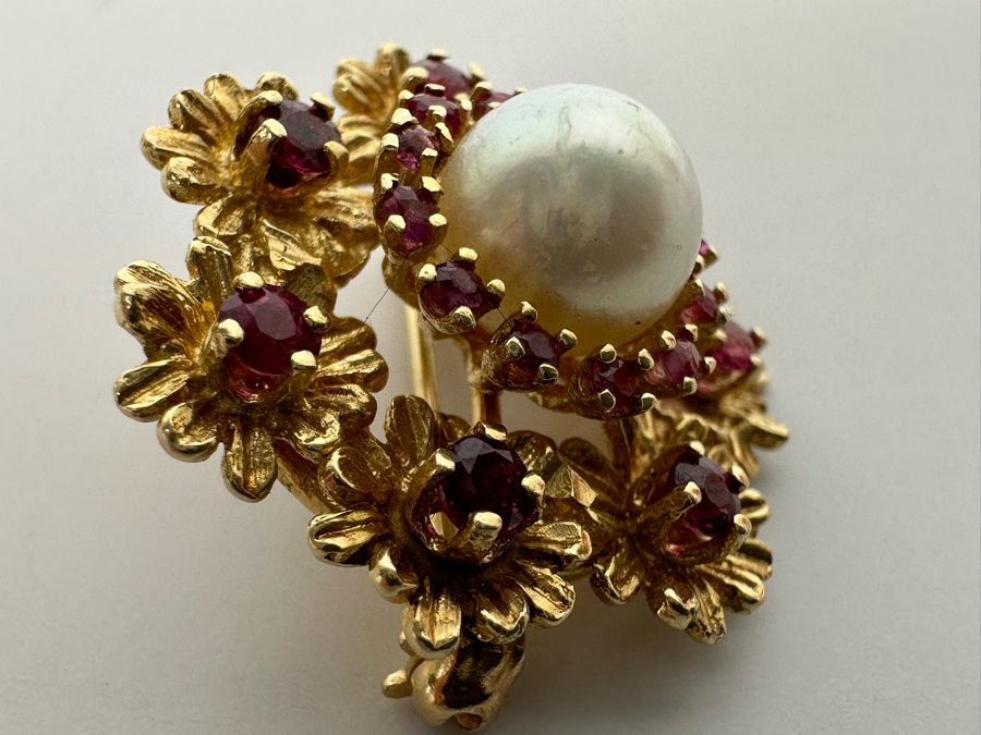 14K Gold Cultured Pearl & Ruby Brooch Pin 6.5g Retails $975 [Photo 9]
