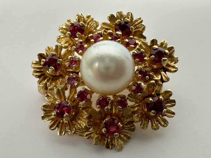 14K Gold Cultured Pearl & Ruby Brooch Pin 6.5g Retails $975 [Photo 7]