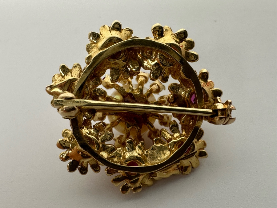 14K Gold Cultured Pearl & Ruby Brooch Pin 6.5g Retails $975 [Photo 12]