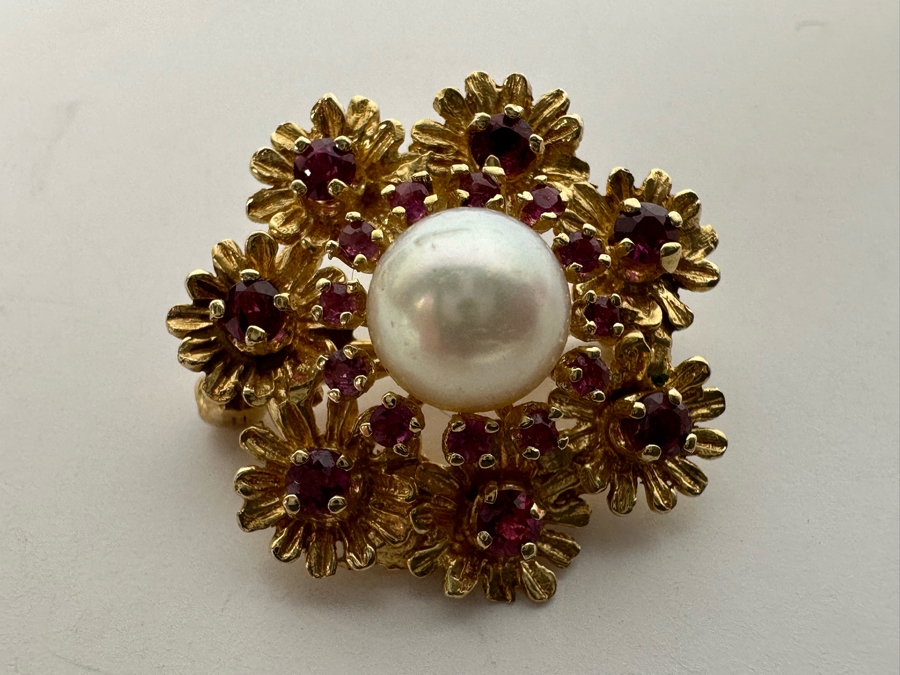 14K Gold Cultured Pearl & Ruby Brooch Pin 6.5g Retails $975 [Photo 3]