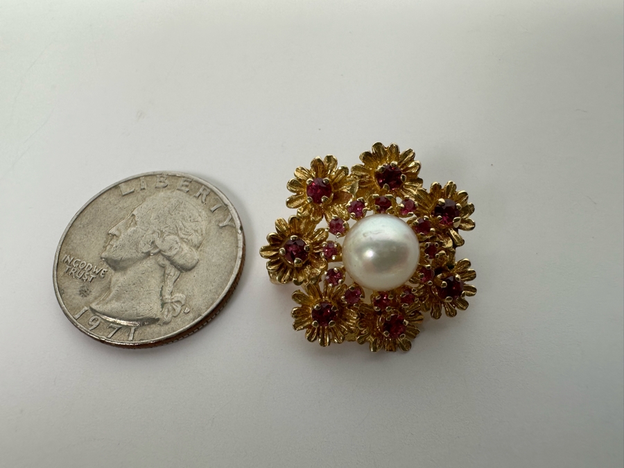 14K Gold Cultured Pearl & Ruby Brooch Pin 6.5g Retails $975 [Photo 14]
