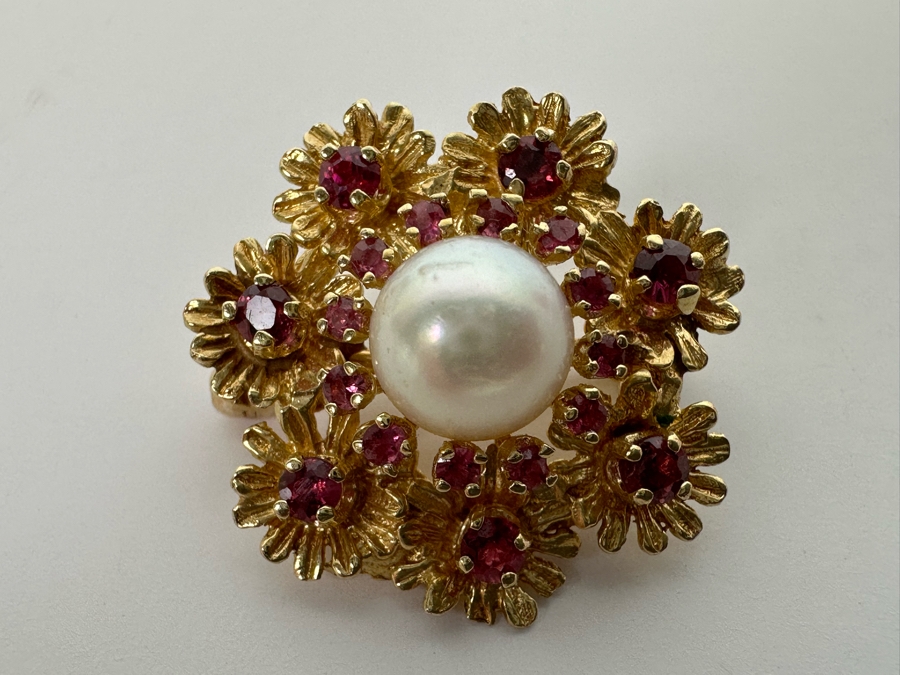 14K Gold Cultured Pearl & Ruby Brooch Pin 6.5g Retails $975 [Photo 5]