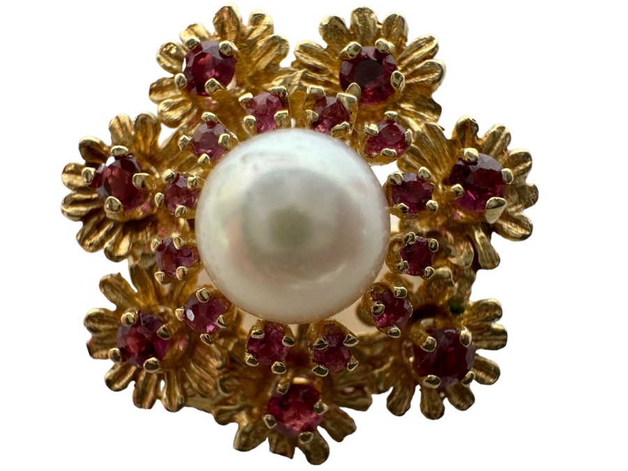 14K Gold Cultured Pearl & Ruby Brooch Pin 6.5g Retails $975