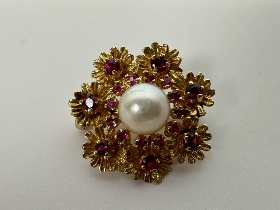 14K Gold Cultured Pearl & Ruby Brooch Pin 6.5g Retails $975 [Photo 4]