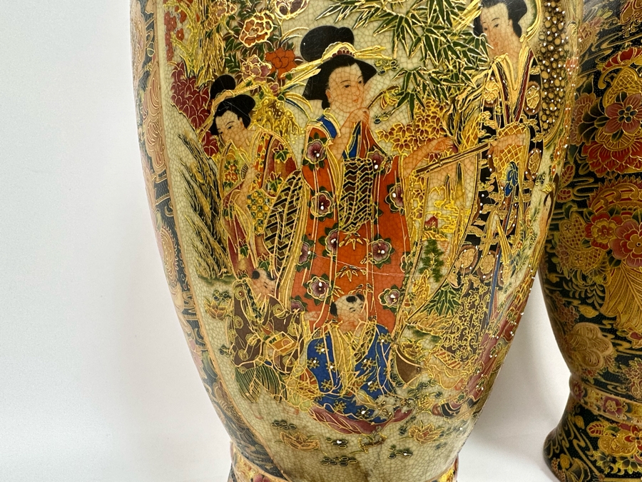 Large Signed Japanese Satsuma Vases, A Pair 9W X 23.5H [Photo 28]