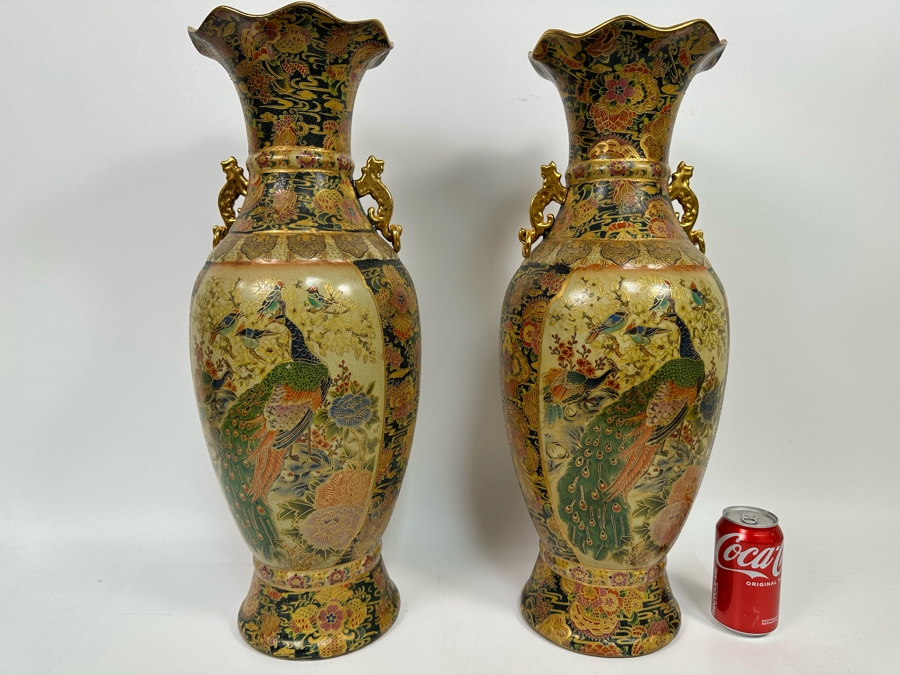 Large Signed Japanese Satsuma Vases, A Pair 9W X 23.5H [Photo 3]