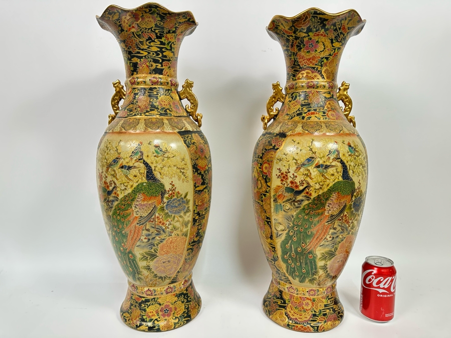 Large Signed Japanese Satsuma Vases, A Pair 9W X 23.5H [Photo 2]