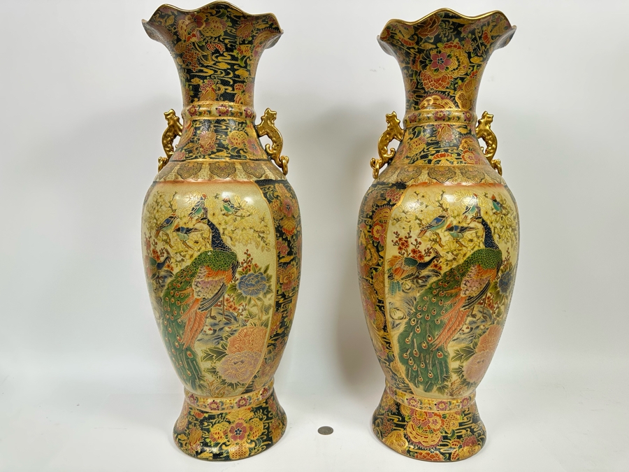 Large Signed Japanese Satsuma Vases, A Pair 9W X 23.5H [Photo 4]