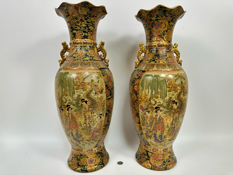 Large Signed Japanese Satsuma Vases, A Pair 9W X 23.5H [Photo 20]