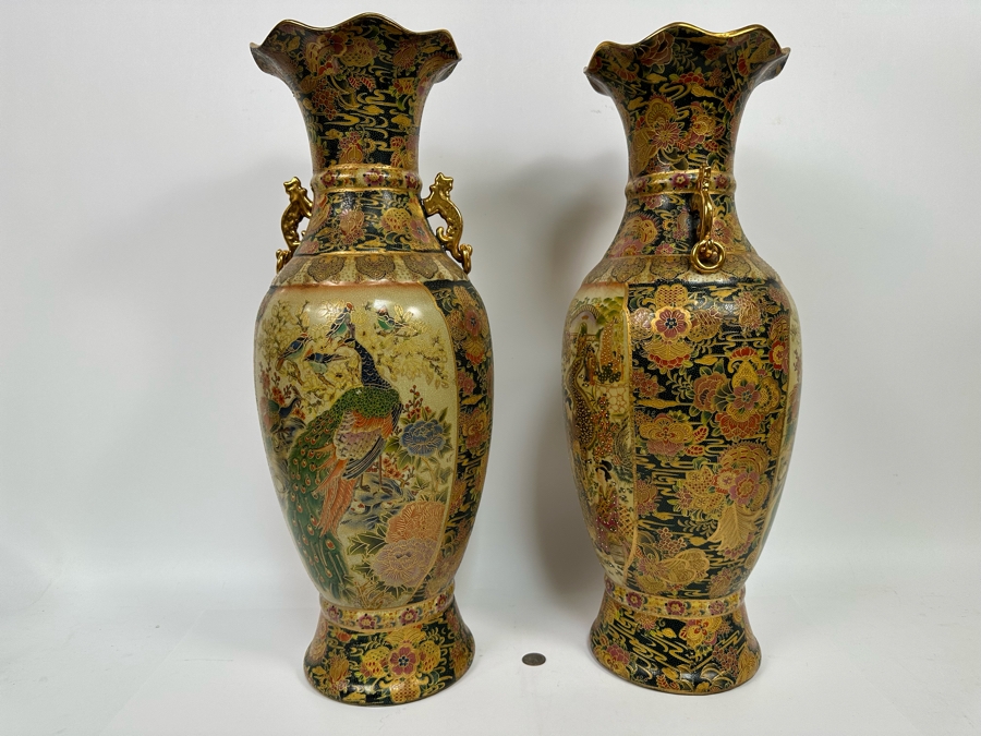 Large Signed Japanese Satsuma Vases, A Pair 9W X 23.5H [Photo 14]