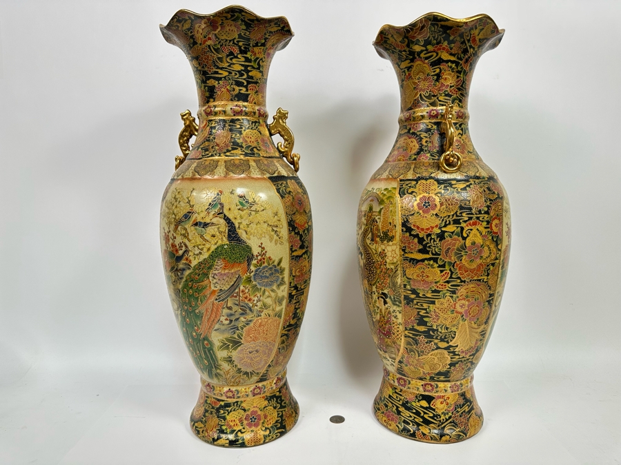 Large Signed Japanese Satsuma Vases, A Pair 9W X 23.5H [Photo 15]