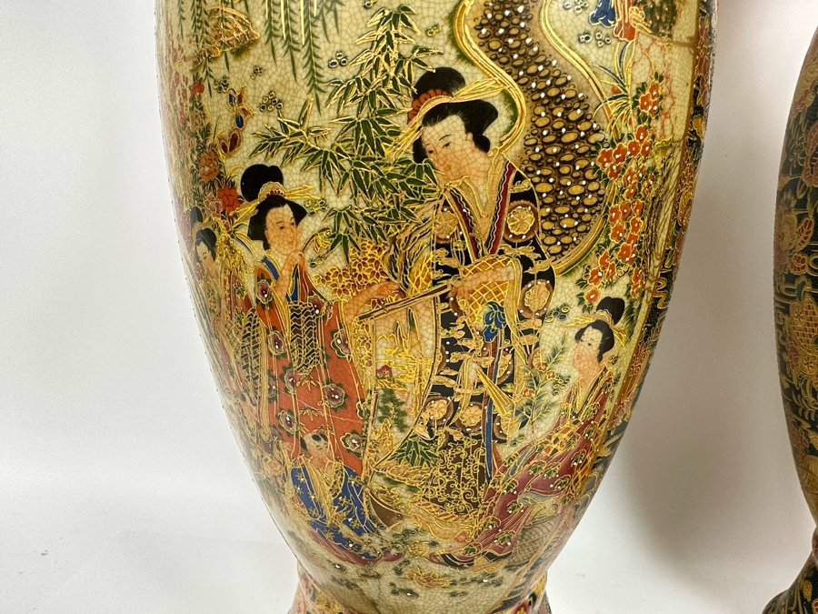 Large Signed Japanese Satsuma Vases, A Pair 9W X 23.5H [Photo 24]