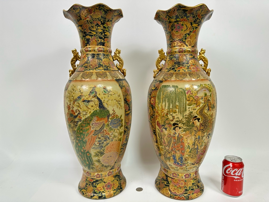 Large Signed Japanese Satsuma Vases, A Pair 9W X 23.5H [Photo 49]