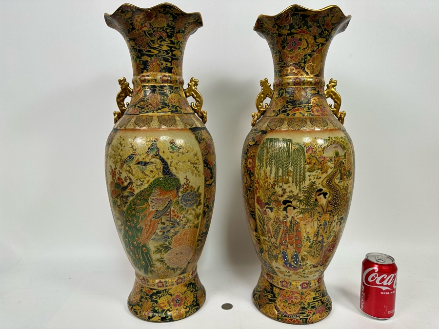 Large Signed Japanese Satsuma Vases, A Pair 9W X 23.5H [Photo 48]