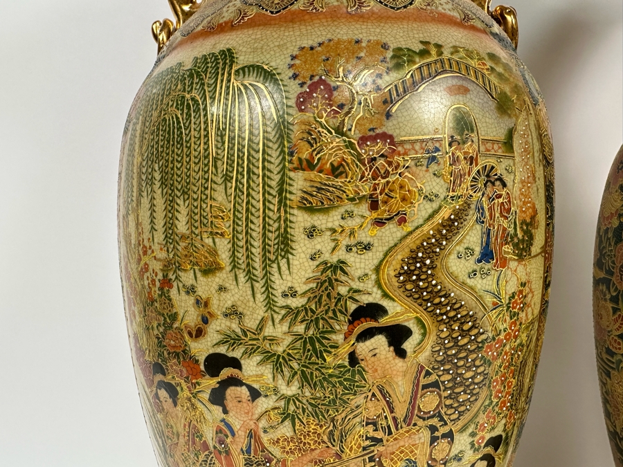 Large Signed Japanese Satsuma Vases, A Pair 9W X 23.5H [Photo 22]