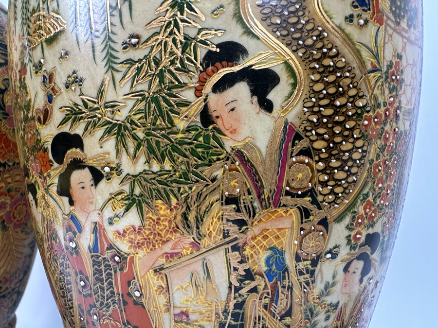 Large Signed Japanese Satsuma Vases, A Pair 9W X 23.5H [Photo 35]