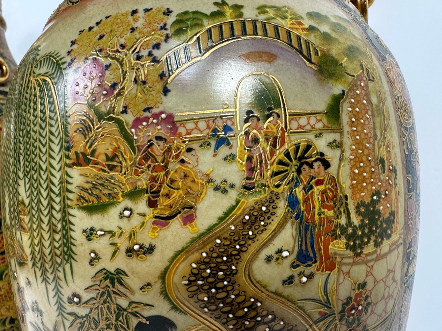 Large Signed Japanese Satsuma Vases, A Pair 9W X 23.5H [Photo 39]