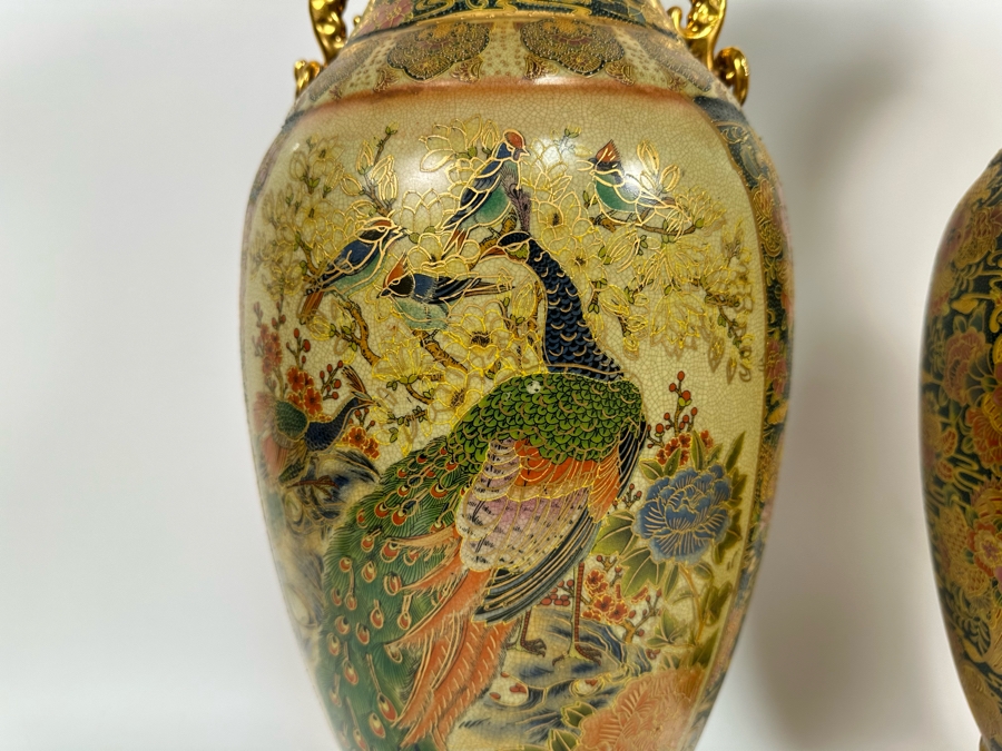 Large Signed Japanese Satsuma Vases, A Pair 9W X 23.5H [Photo 12]