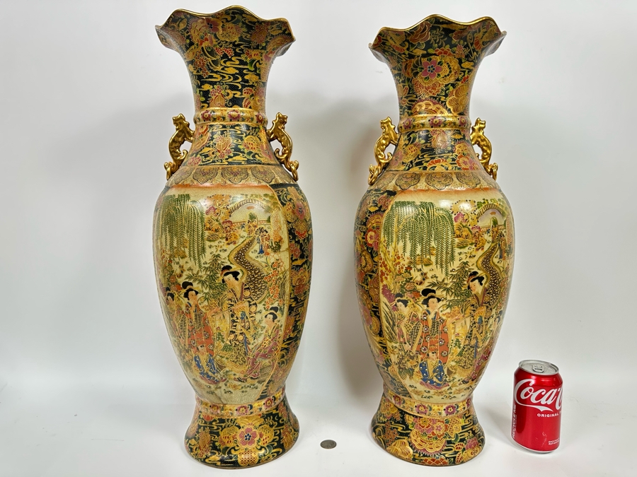 Large Signed Japanese Satsuma Vases, A Pair 9W X 23.5H [Photo 21]