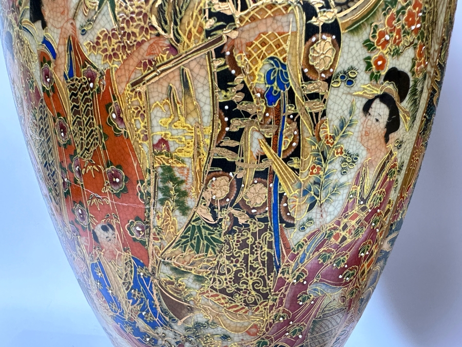 Large Signed Japanese Satsuma Vases, A Pair 9W X 23.5H [Photo 26]