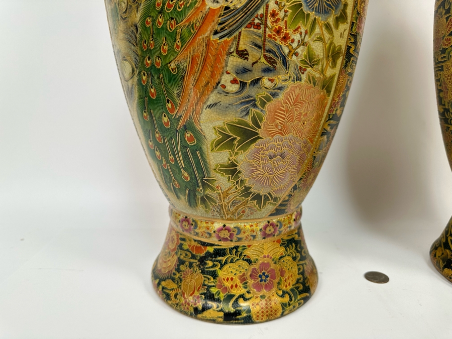 Large Signed Japanese Satsuma Vases, A Pair 9W X 23.5H [Photo 13]