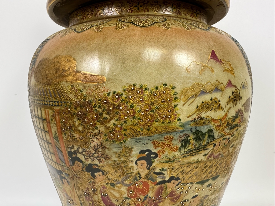 Large Signed Japanese Satsuma Jar With Lid And Gilded Foo Dog Finial 12W X 26H [Photo 4]